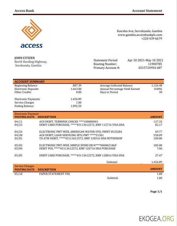 Modèle de relevé bancaire Gambie Access, format Word et PDF